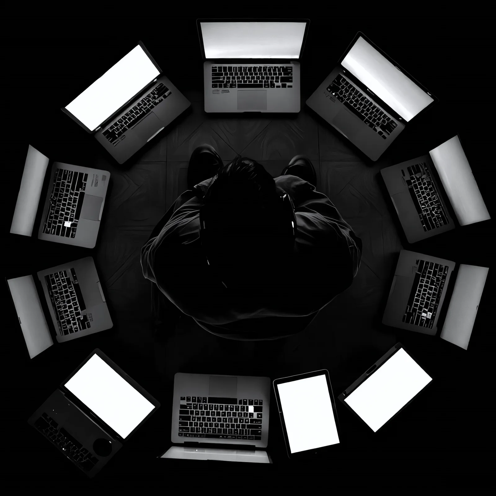 A developer surrounded by laptops, seen from above